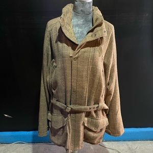 LRG tweeted coat w/ belt, brown/tan/stripes